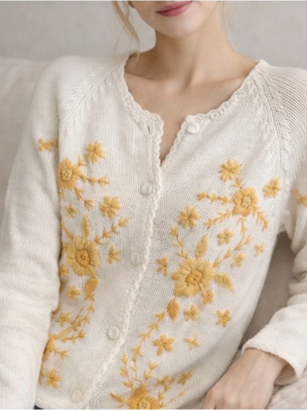 Vintage Women’s Floral Embroidered Knit Button‑Up Cardigan